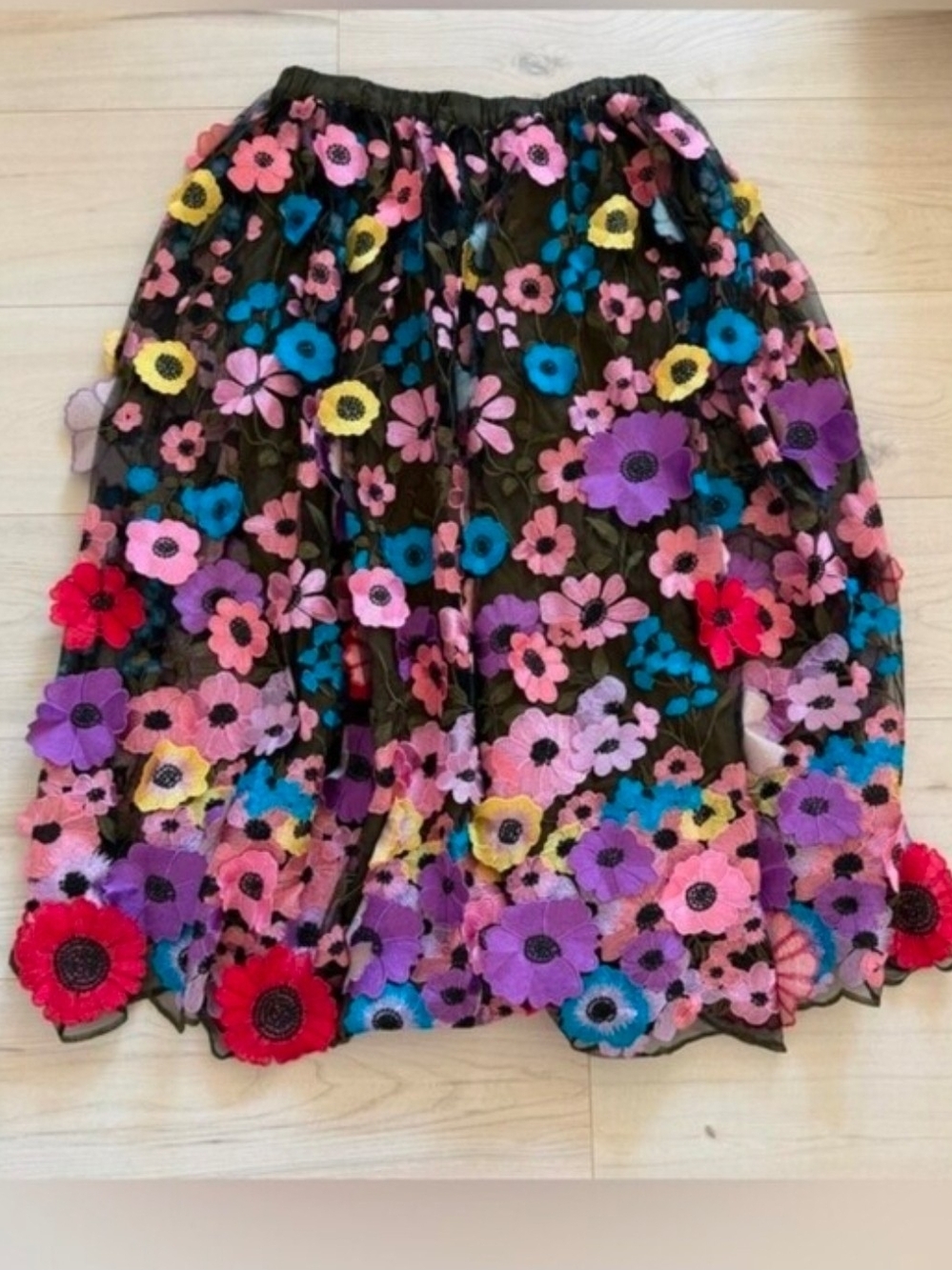 Anthropologie 3D Floral Appliqué A-Line Skirt with Bright Blooms